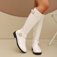 thumbnail image 2 of hopeusnice Double Buckle Low Heel Knee High Boot Round Toe Side Zipper Closure Riding Style Boot White 39, 2 of 9