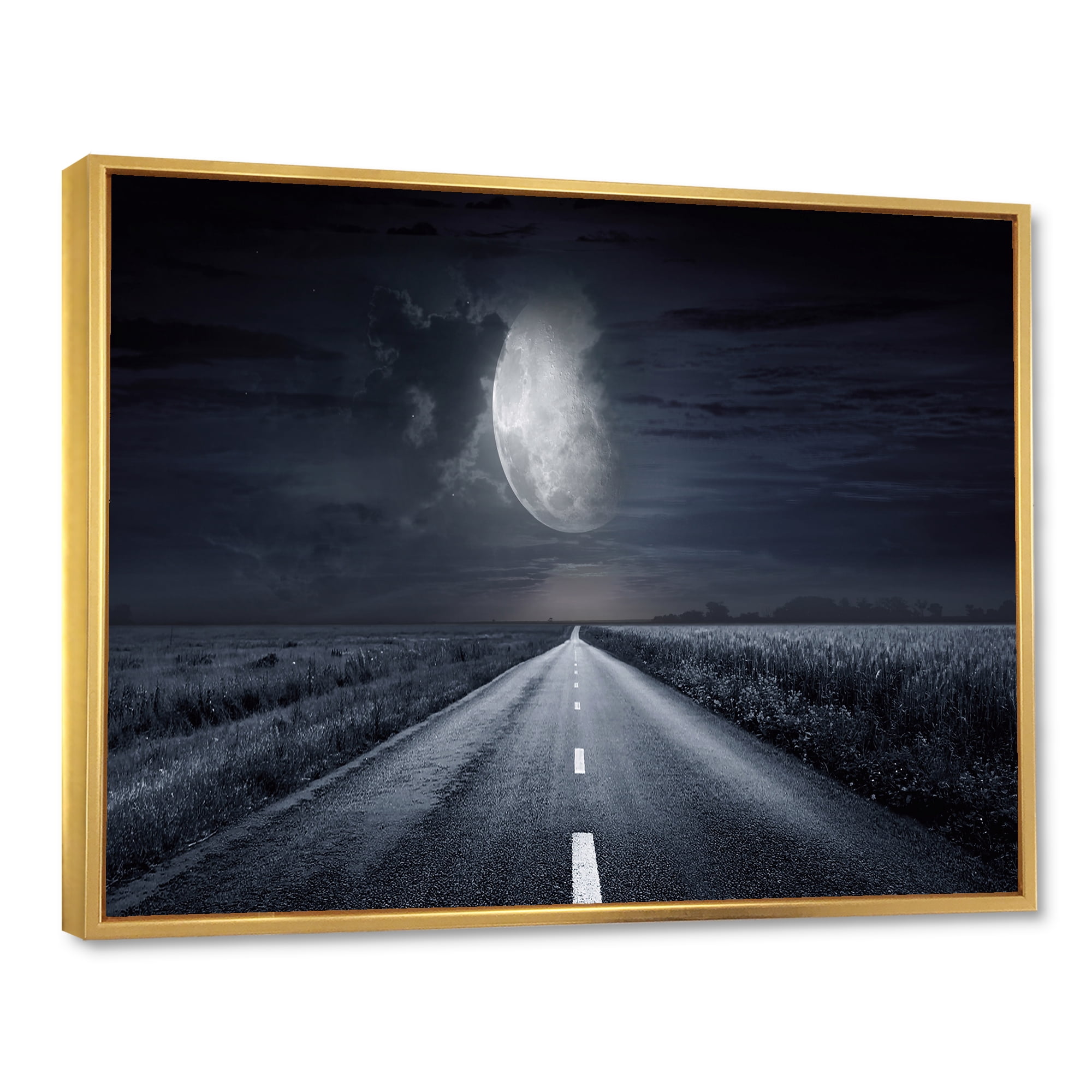 Designart 'Cloudy Full Moon Over Asphalt Road III' Nautical & Coastal Framed Canvas Wall Art Print