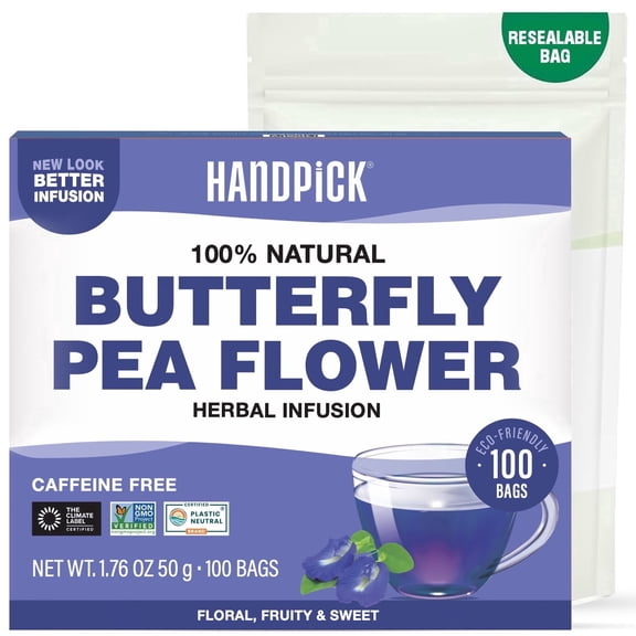 HANDPICK, Butterfly Pea Flower Tea (100 Herbal Tea Bags) | Caffeine Free, Non GMO | Premium Dried Butterfly Pea Flowers For Blue & Purple Drinks, Food Coloring | Iced Teas, Coolers, Cocktails