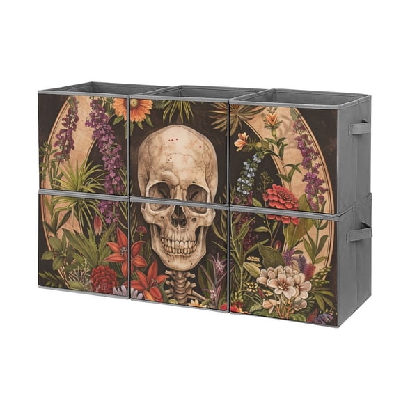 Collapsible Oxford Fabric Storage Cubes with Handles, Large Mid Foldable Oxford Cloth Bins Set of 2/6, Closet Organizers for Shelves Clothes Home Kitchen Toy - Skull Flowers Illustration