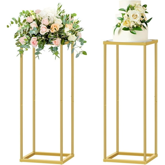 Metal Centerpiece Vases 2 Pcs 23.6in Column with Mesh Plates Geometric Pedestal Stand, for Wedding Tables Parties Festival Home Decor, Gold