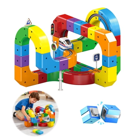 Magnetic Electric Car Toys Set Snap-On Blocks Track Set 3D DIY Building Blocks for Family Interaction and Skills Improvement (123 Pcs Random Color)