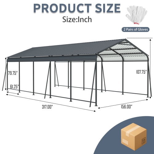 taoruifang 13×26.5 FT Carport Heavy Duty Metal Carport Canopy with Galvanized Steel Roof and Frame 6 Fixed Inclined Square Tube Supports for Driveway Car Truck Boat RV Charcoal