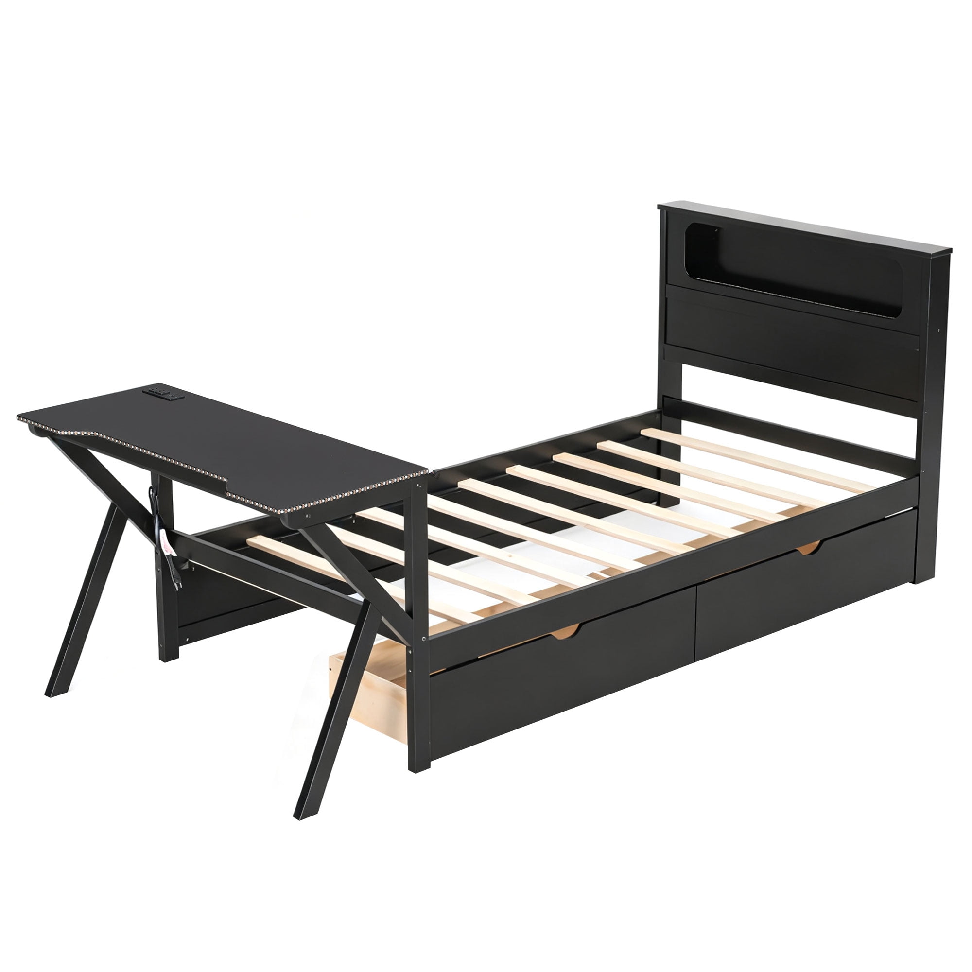Mintazer Gaming Bed with Desk & Charging Station, Twin Platform Bed with 2 Storage Drawers & LED Lighting Dorm Bedroom, Black