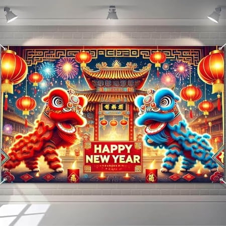 2026 New Year Lion Dance Banner 71 x 43 Inch Chinese Festival Party Backdrop Red Lantern Fireworks Celebration Wall Hanging Decor for Lunar Holiday Eve Event Indoor Outdoor