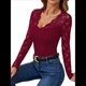 thumbnail image 3 of Blusa de Larga con Cuello en V y Encaje de con Bordado Floral para Mujer Vino Tinto M, 3 of 9