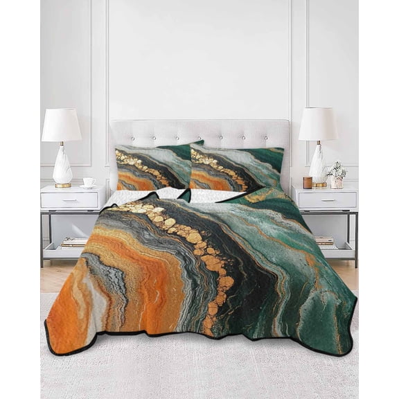 Quilts Twin XL Size, Teal Orange Marble Soft Comforter Bedding Set for Bed, Modern Ink Painting Striped Abstract Lightweight Quilted Bedspread with Pillow Cover(2 Pieces) for All Season, 68x98 Inch