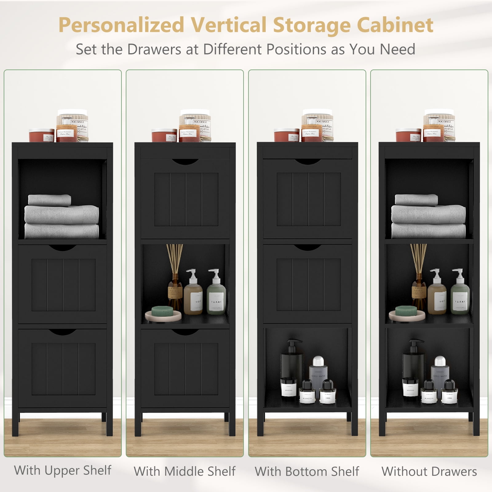 Giantex Narrow Storage Bathroom Cabinet, Freestanding Floor Cabinet w/2 Removable Drawers, Black