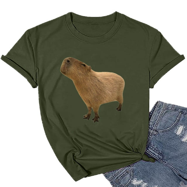 WILLBEST T-Shirts pour Femmes T-Shirt Graphique Capybara Selfie Mignon Imprimé Dessin Animé Couleur