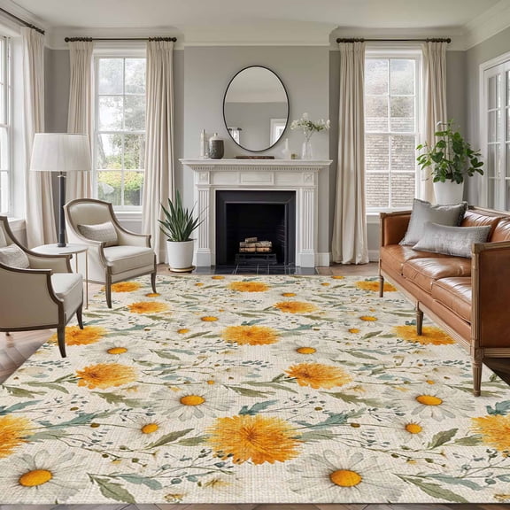 Spring Daisy Area Rugs 5'x7', Washable Small Throw Rugs for Laundry Room Playroom, Country Vintage Yellow White Floral Leaf Indoor Outdoor Rug Non-Slip Low Pile Carpet Runner Reversible Floor Mats