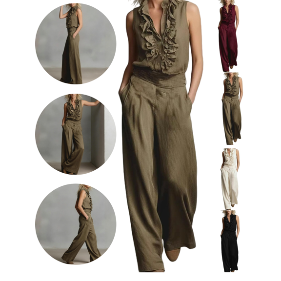 Gamivast Business Casual Outfits for Women 2 Piece Ruffle Button Down Shirt & Wide Leg Pants Sets Sleeveless Work Wear Elegant Office Dressy