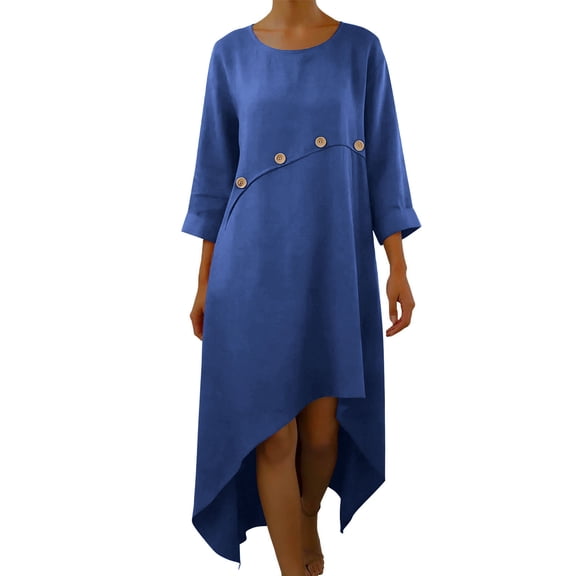 Gamivast Linen Dresses for Women Elegant Loose Fit Crewneck Midi Dress 3/4 Sleeve Asymmetric Dress Button Trim High Low Hem Casual Office Dress