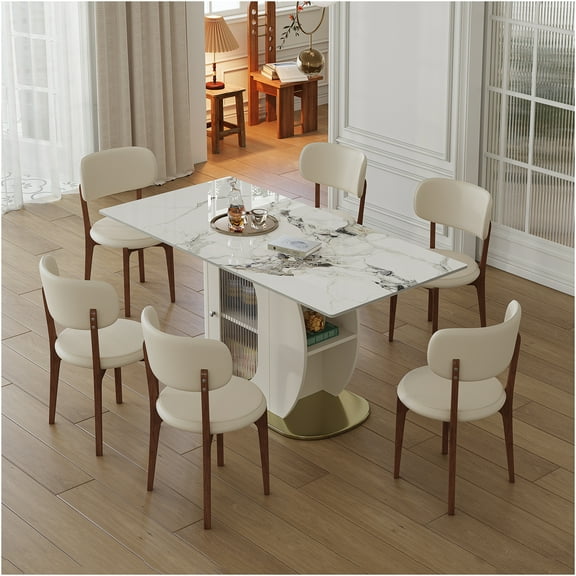 JERFIT 7-Piece Dining Set with Sintered Stone Tabletop, Gold Base, 6 White PU Chairs, Storage Cabinet for Kitchen, Apartment, Modern 4-6 Seater Table
