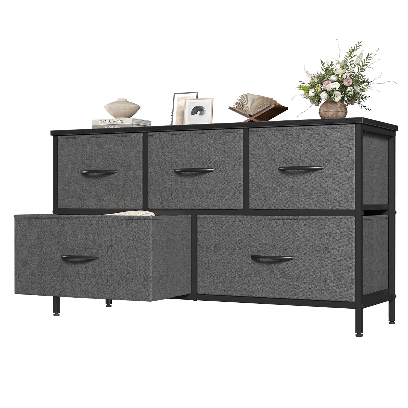 Telyra 5-Drawer Fabric Dresser TV Stand Organizer with Wood Top and Metal Frame, Gray