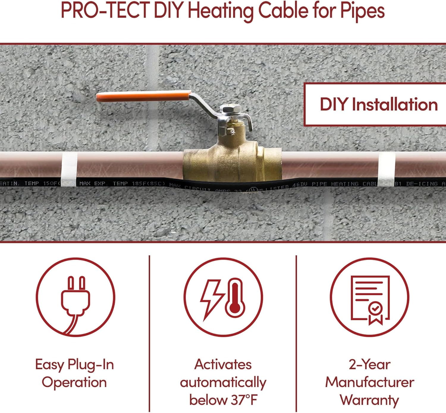 Pipe Heating Cable Kit for Freeze Protection 80 feet, 560 Watts Plug-in Electric Pipe Heat Tape with Built-in Thermostat Control, Heat Cable for Water Pipes, cUL, CSA, ETL, WarmlyYours PRO-Tect