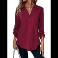 thumbnail image 2 of Blusas de Larga con Cuello en V y Botones para Mujer, Camisas Holgadas de Color Liso para y Otoño. Vino Tinto L, 2 of 7