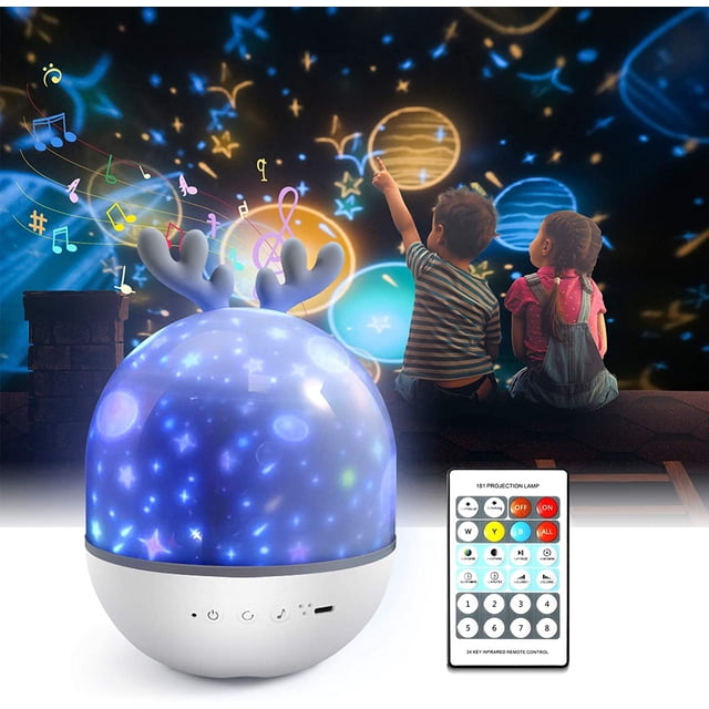 Proyector Bebé Luz Nocturna, Luz Nocturna LED Lámpara Luz Musical Infantil Rotación 360°, 8 Canciones, 6 Películas de Proyección, para Niños, Bebé, Habitación, Regalos, Cumpleaños (Blanco)