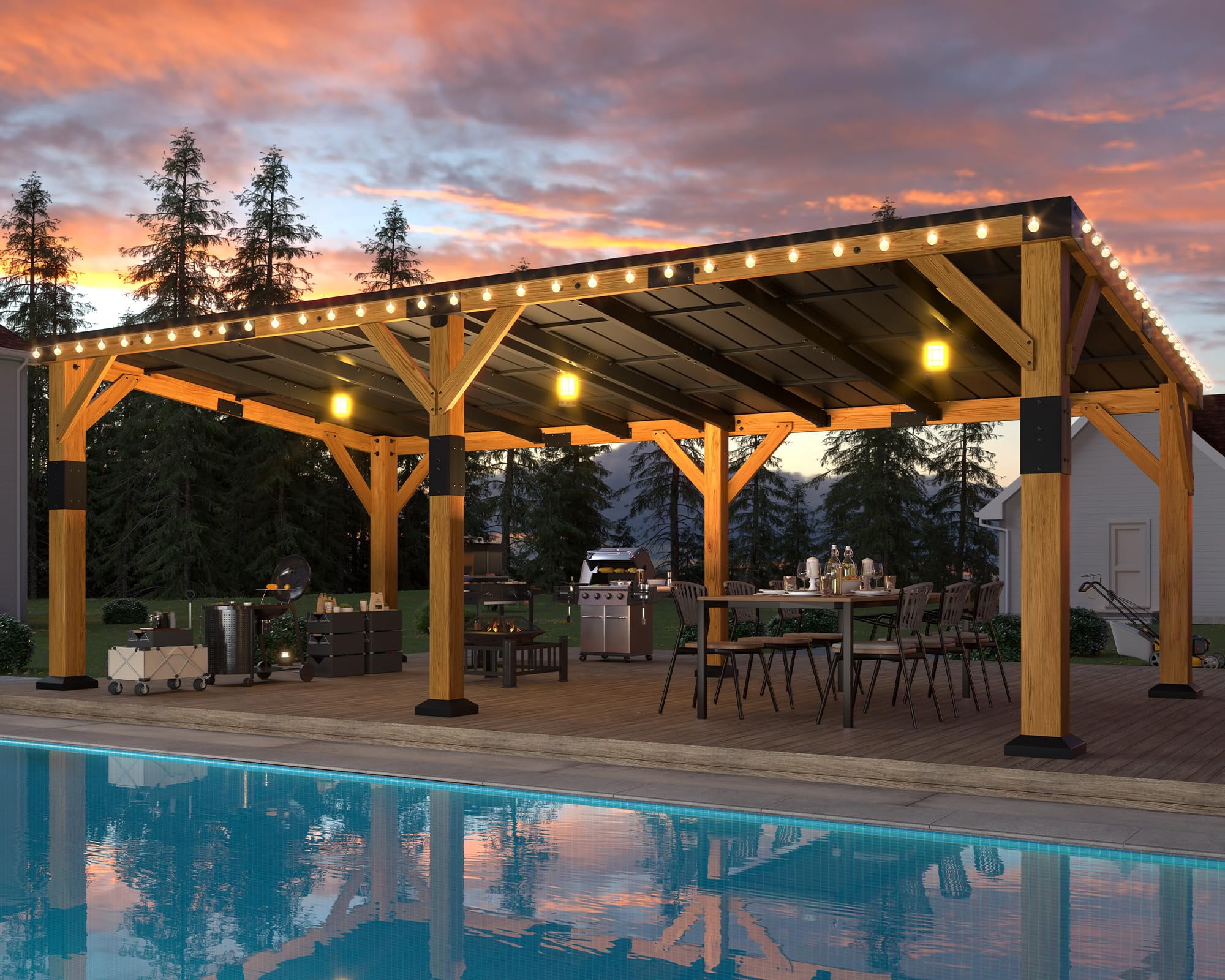 Jocisland 12x24x8.2 FT Cedar Wood Carport for 2 Cars, Heavy Duty Canopy Carport with Sloped Galvanized Steel Roof for All Weather