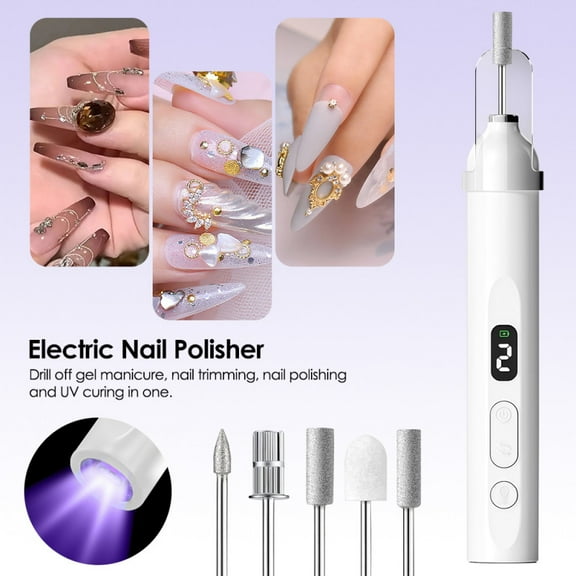 Electric Nail Drill with UV Lamp USB Rechargeable Manicure Pedicure Set with 6 Grinding Heads LED Lighted Electric Nail Polishing Machine Kit