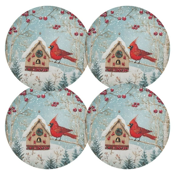 Ryvnso Cardinal Bird Christmas Round Plate Mats Dining Table Placemat Set of 4 for Holiday Decoration