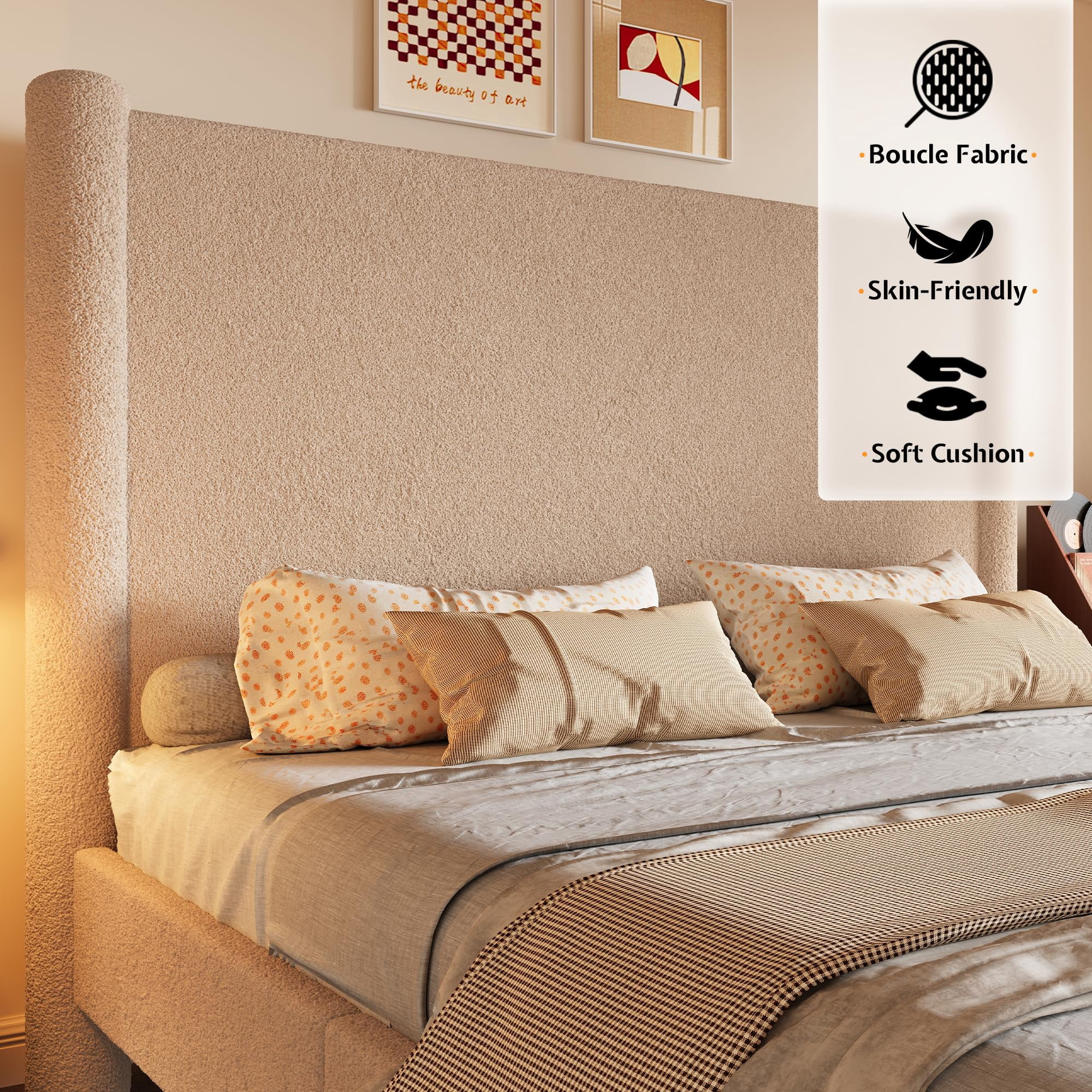 Merluxy King Size Bed Frame, Boucle Upholstered Bed Frame with Charging Station, Platform Bed with Soft Rounded Corners, Easy Assembly, Khaki