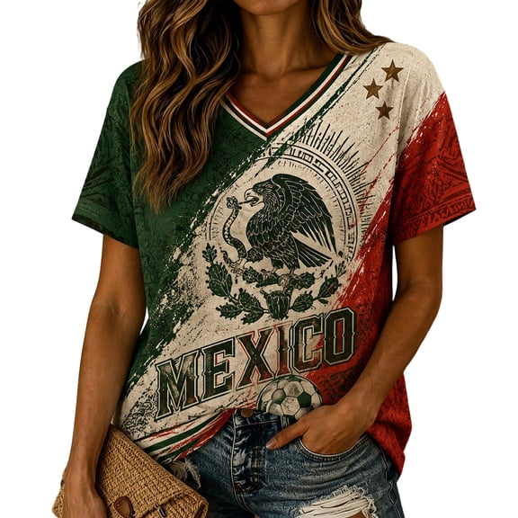 2026 Mexico Women Football Fan Jersey Patriotic Flag Print Short Sleeve V Neck Sport Tee Casual Match Watch Party Shirts Green S