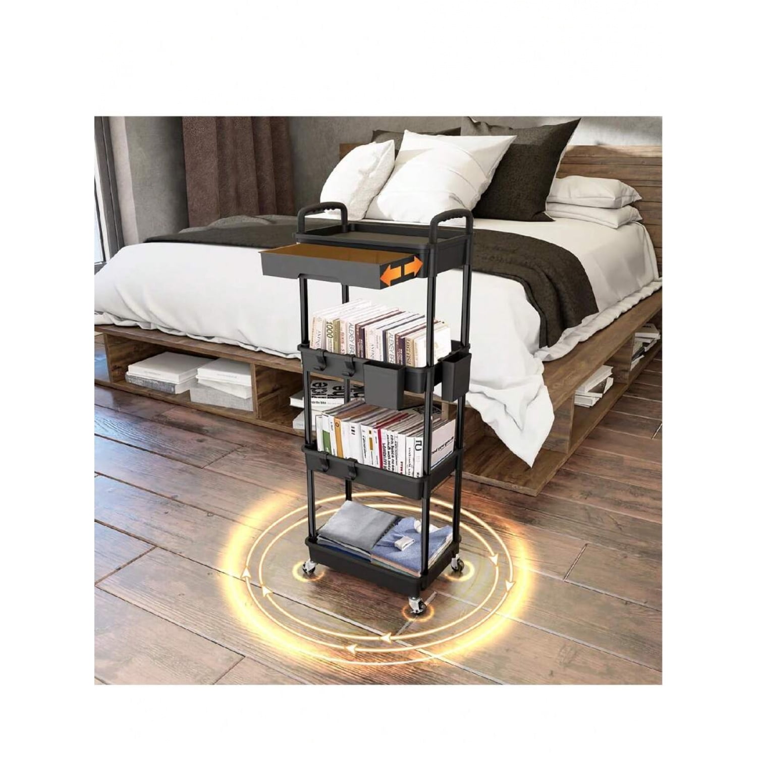 NTGFU 4 Tier Black Rolling Utility Cart with Drawer, Utility Cart Made Of Multifunctional Storage Organizer Tool for Kitchen,Bathroom,Living Room,Office Outdoor Decor