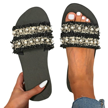 

ZIZOCWA Pearl Women Slippers Flip Flops Casual Soft Sole Thick Bottom Summer Beach Slippers Eva Anti-Slip Outdoor Indoor Slides Shoes Black Size7.5