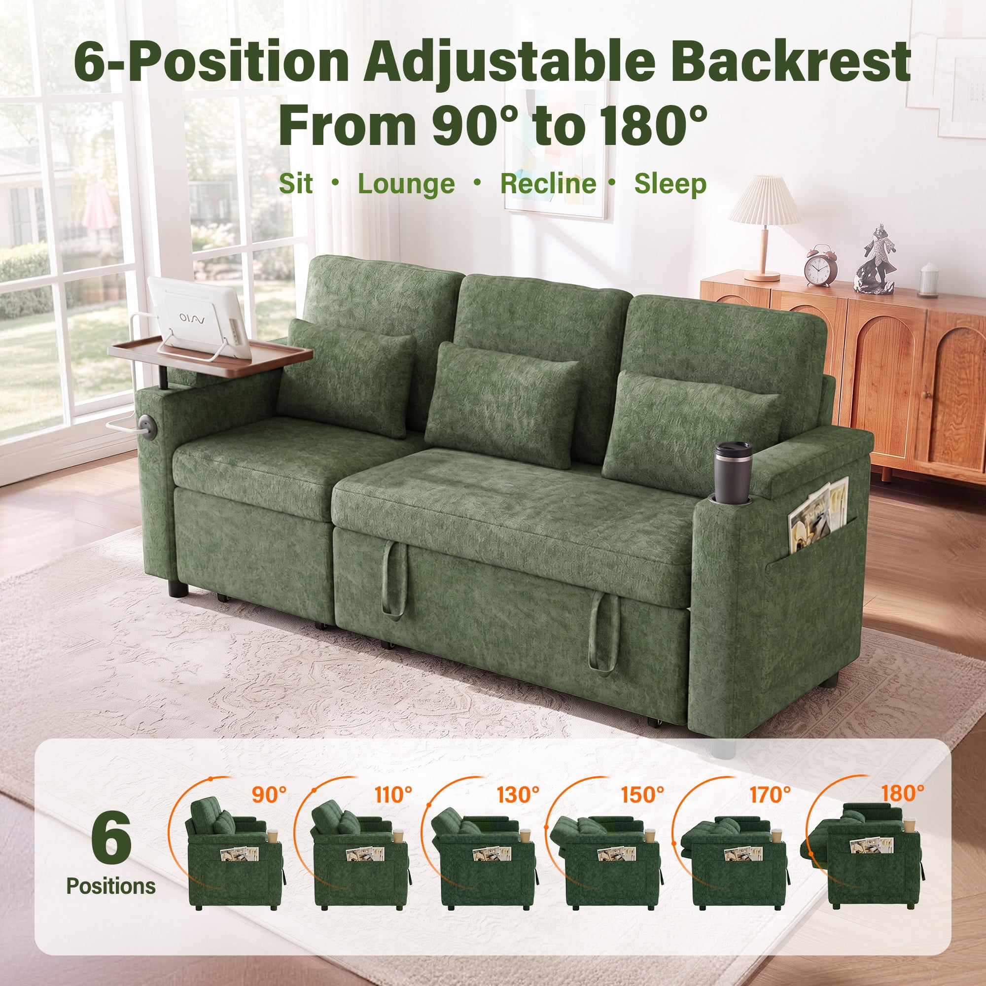 Aukfa 81" Convertible Sleeper Sofa,Chenille 3-in-1 Sofa Bed with Recliner,Center Table,USB Ports & Storage Armrests,Green