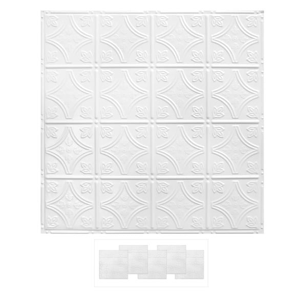 American Tin Ceilings [5 Pack Kit 24"" X 24"" 100% Tin Nail-Up Ceiling Tiles | Pattern #3 Bright White Satin Small Victorian Design With Floral Arching Diamonds For Ceilings & Kitchens