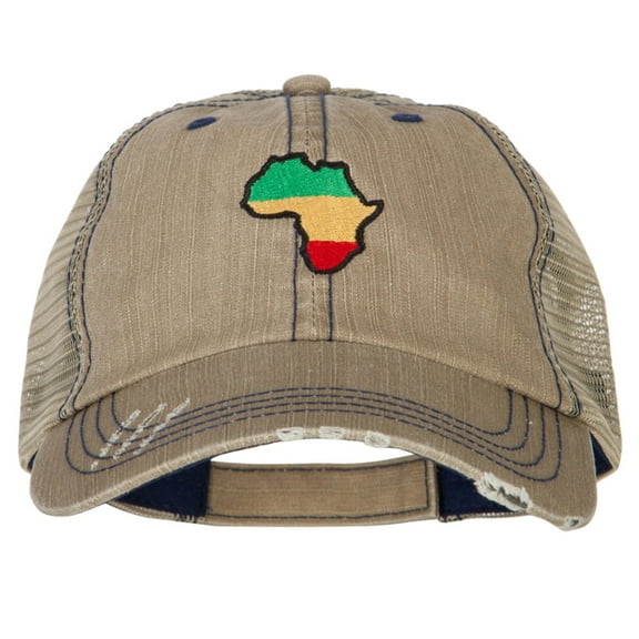 Rasta Africa Map Embroidered Low Profile Cotton Mesh Cap - Khaki OSFM