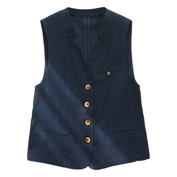 Women's Linen Vest Button Down Blazer Sleeveless V Neck Work Casual Vest Jackets Lightweight Vintage Waistcoat Navy, 2XL