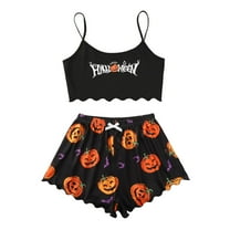 Fshinging Women's Summer Pajamas Letter Cartoon Pumpkin Print Cami 2 Piece Sleeveless Shorts Homewear Outfits