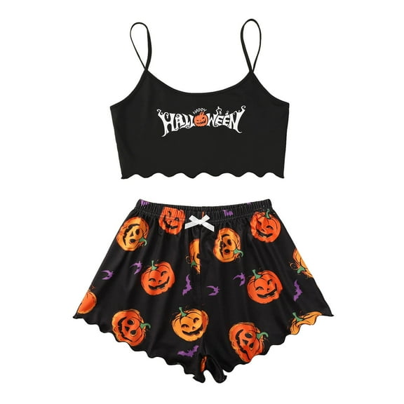 CONFREE Halloween Pajamas For Women Sleeveless Cartoon Pumpkin Ghost Sleepwear Tops Shorts Hallowmas Pjs For Women Cozy Nightwear