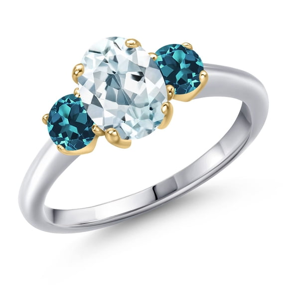 Gem Stone King 925 Silver and 10K Yellow Gold Sky Blue Aquamarine and London Blue Topaz Engagement Ring for Women | 1.86 Cttw | Oval 8X6MM | Gemstone March Birthstone | Size 6