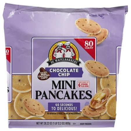 De Wafelbakkers Chocolate Chip Mini Pancakes, 1lb 12.2 oz, 80 Count Bag (Frozen)