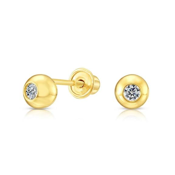 Tilo Jewelry 10K Yellow Gold Ball CZ Stud Post Earrings with Cubic Zirconia CZ Stones | Secure Screw-Backs | Dainty Everyday Earrings for Women & Unisex