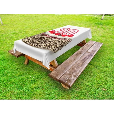 90th Birthday Outdoor Tablecloth, Birthday Cake with Tasty Cherries Burning Candles and Number Ninety, Decorative Washable Fabric Picnic Tablecloth, 58 X 104 Inches, Red Brown White, by Ambesonne