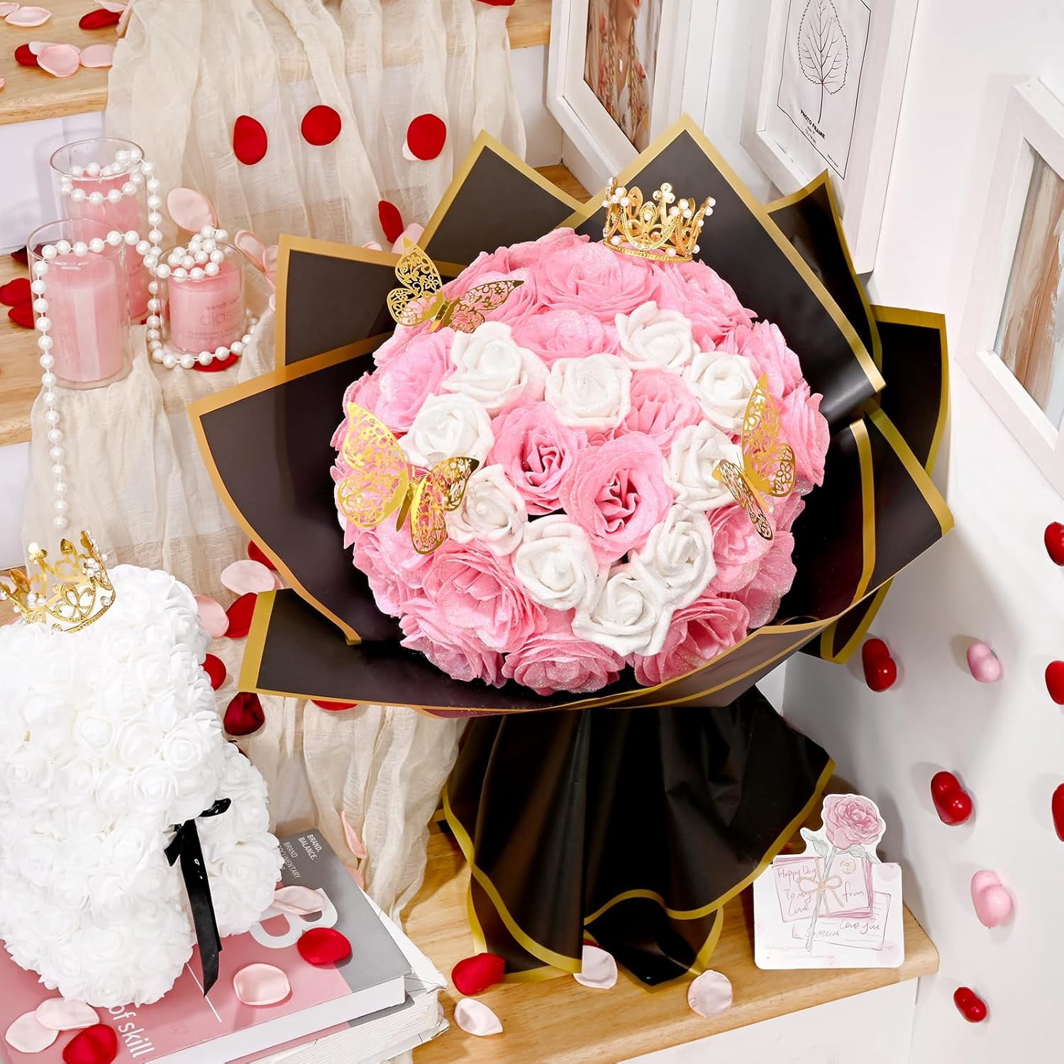 Waipfaru Pink Glitter Roses Bouquet,56pcs Artificial Roses Flowers,DIY Glitter Everlasting Rose Bouquet with Stem for Valentine's Day Anniversary(36 Pink&20 White)