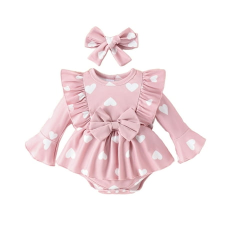 

Lovskoo 3-18 Months Toddler Girls Valentine S Day Love Printed Bodysuit Spring/Summer Round Neck Long Sleeve Ruffled Love Bow Bodysuit Set Bow Hairband Pink