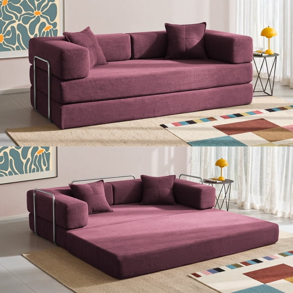 YINIX 81.6" Convertible Sofa Bed with 2 Pillows, Foldable Sofa Couch for Living Room and Small Spaces, Red