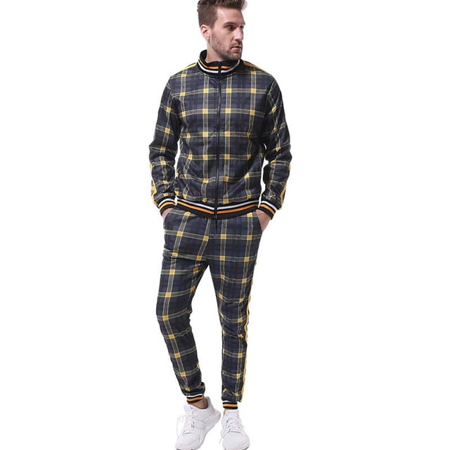 Men Jogging Suits Sets Mens Jogging Suit Tracksuit Plaid Print Zip Sweatshirt Top And Trouser Set
