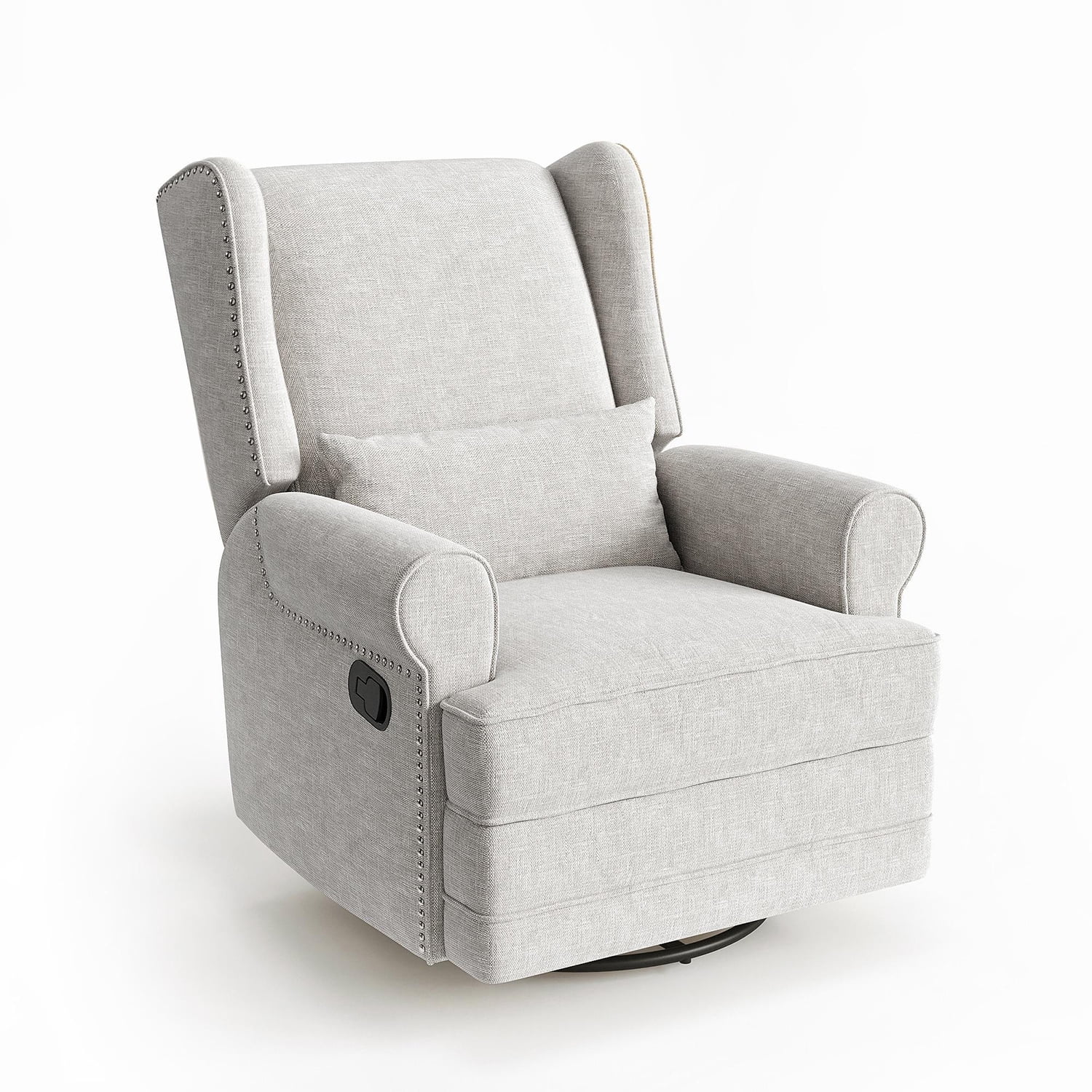 Demi Bonn Swivel Glider Rocking Recliner Chair, Lumbar Pillow, Footrest, Upholstered, Nursery, Bedroom, Light Gray