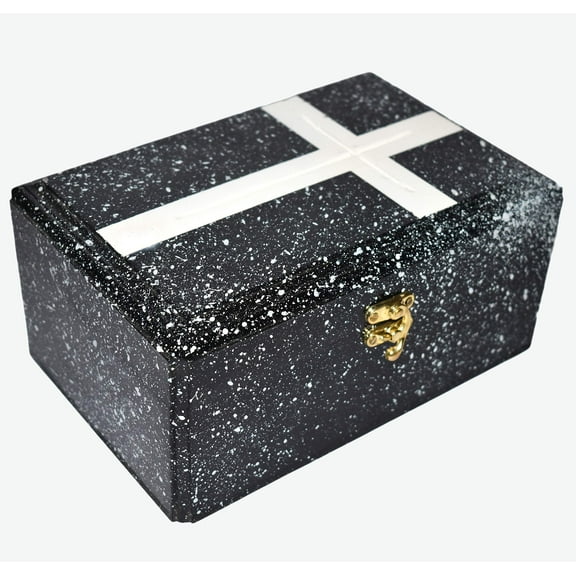 Antique Handmade Wooden Urn Engraving Handcarved Jewellery Box for Women-Men Jewel | Decorative Boxes | Storage & Organiser (9" x 6" x 4.5", Black White Marble with Cross)