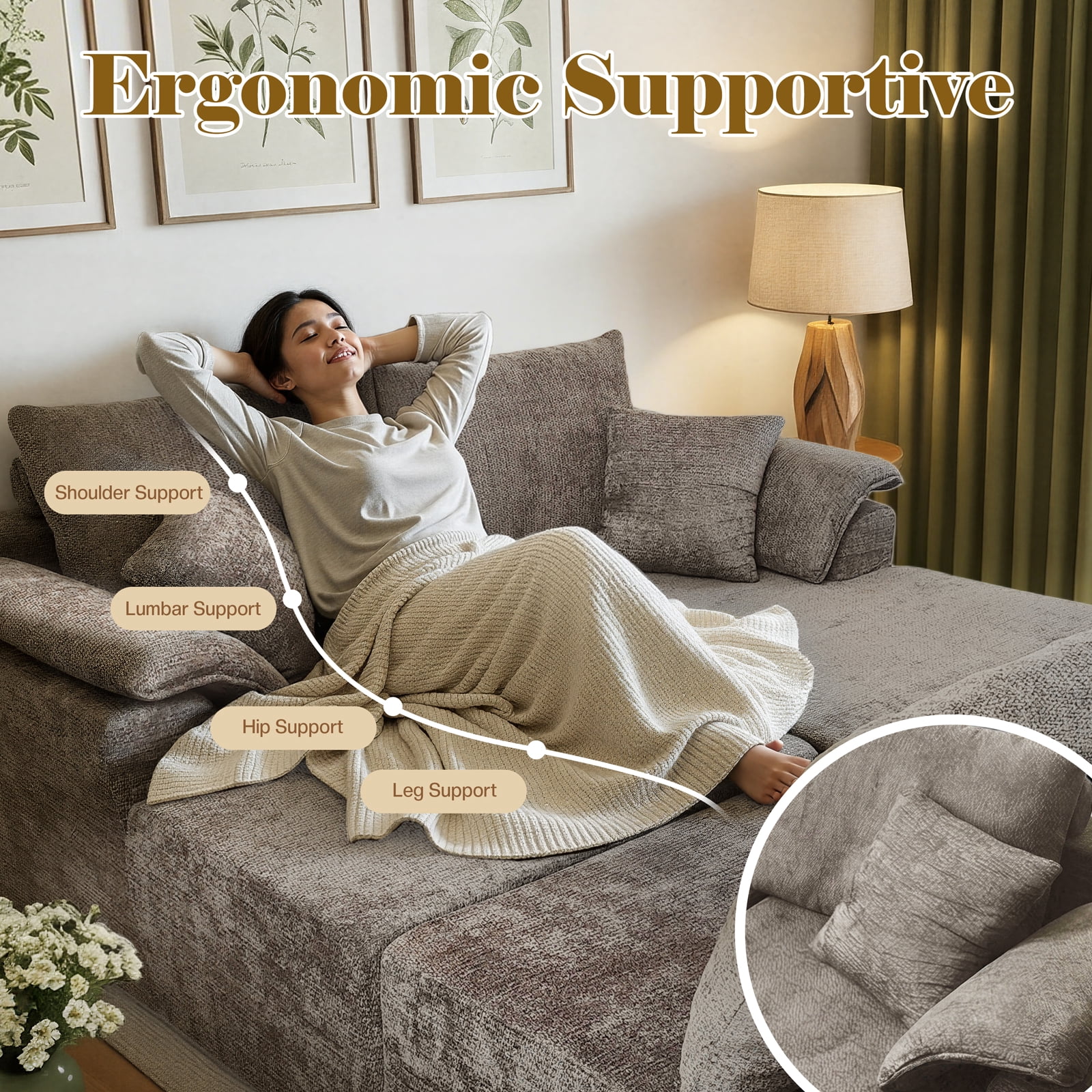 Kelyda 130'' Boneless Sectional Couch, Modern Chenille U Shaped Modular Cloud for Living Room Camel