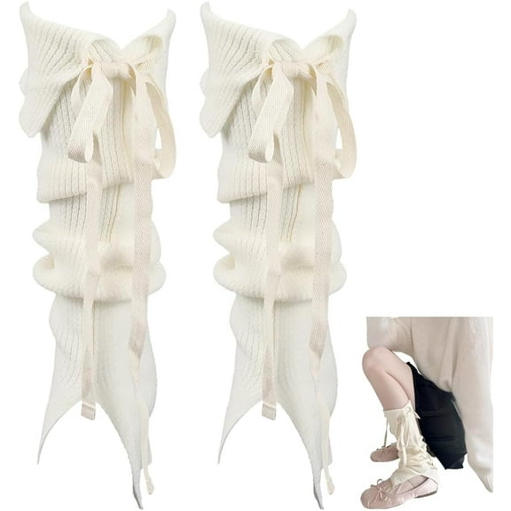 1 Pair White Cotton Loose Leg Warmers Vintage Bowknot Layered Long Socks Cute Polyester Ruffled Kawaii Jk Legs Sleeves for Women Lolita Party Festival Clothing Accessories Decoration Gifts