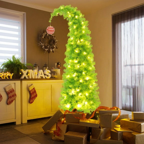 Christmas Tree, Top Bendable Lime Green Xmas Tree with Tree Skirt, Whimsical Artificial Christmas Tree for Christmas Decorations 1.5 M with Lights