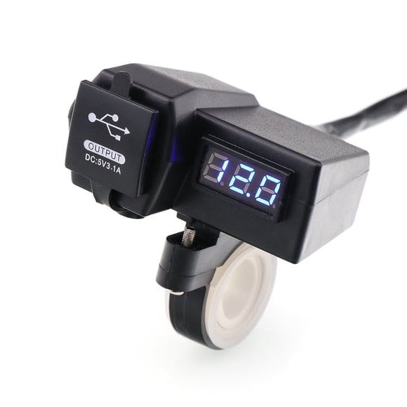 Chargeur USB Double Étanche pour Moto 5V 3.1A & Voltmètre avec Affichage de Tension Bleu pour Montage Guidon 7/8 et 1 Pouces
