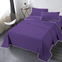 DNG Creations 4 Piece Pom Pom Sheet Set 100% Egyptian Cotton, White Pom-Pom Fringe Solid Pattern 15 Inch Deep Pocket ( Solid Purple - Twin XL )
