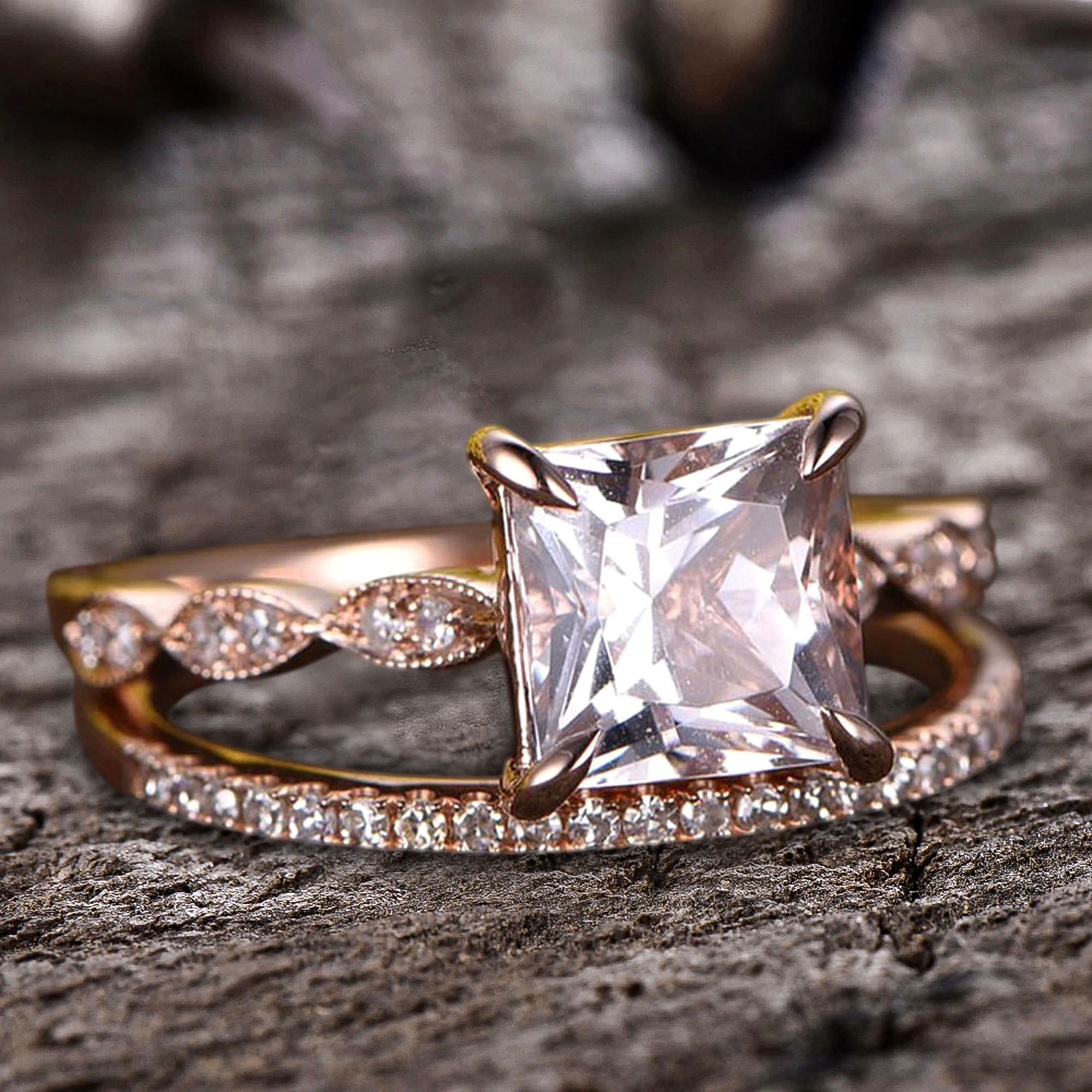 Square Princess Cut Champagne Topaz Ring - 14K Rose Gold Plated Filigree Design